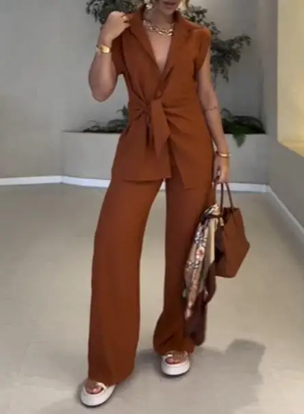 Two Piece Set Women Outfit 2025 New Fashion Lace Up Turn-Down Collar Short Sleeved Shirt & High Waist Casual Wide Leg Pants Set
Two Piece Set Women Outfit 2025 New Fashion Lace Up Turn-Down Collar Short Sleeved Shirt & High Waist Casual Wide Leg Pants Set