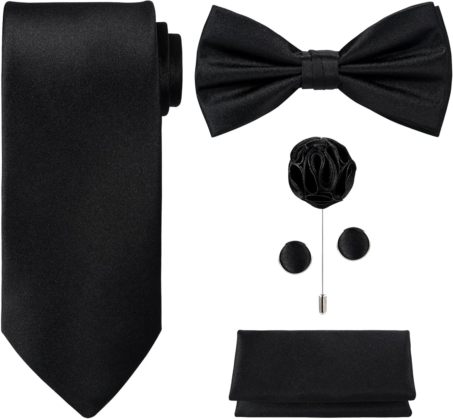 5pcs Tie Set in White or Black Gift Box: Solid Color Necktie, Satin Bow Tie, Pocket Square, Lapel Pin, Cuff Links
5pcs Tie Set in White or Black Gift Box: Solid Color Necktie, Satin Bow Tie, Pocket Square, Lapel Pin, Cuff Links