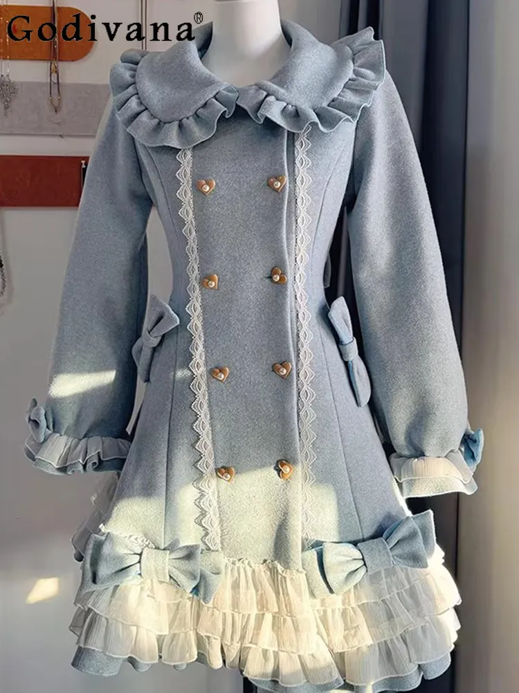 Blue Lolita Doll Collar Double-Breasted Woolen Coat Jacket for Women Autumn Winter Slim Elegant Long Coat Princess Overcoats
Blue Lolita Doll Collar Double-Breasted Woolen Coat Jacket for Women Autumn Winter Slim Elegant Long Coat Princess Overcoats