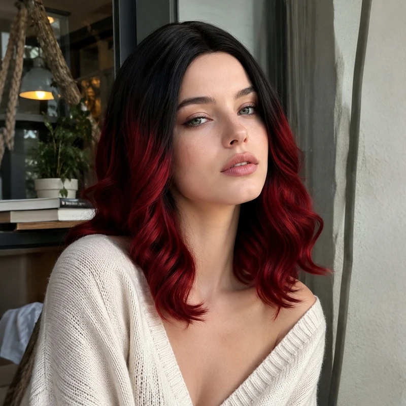 Women's center-parted curly synthetic wig, 16 inches, black and burgundy gradient, suitable for various fashionable occasions.
Women's center-parted curly synthetic wig, 16 inches, black and burgundy gradient, suitable for various fashionable occasions.
