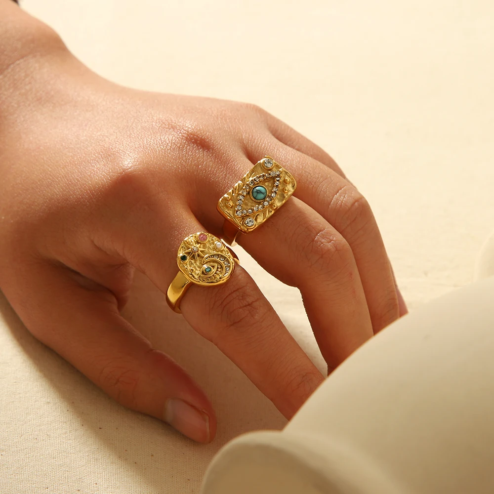 Dainty 18K Gold Plated Stainless Steel Turquoise Zircon Rings Lava Hammered Texture Evil Eyes Rectangle Rings Jewelry
Dainty 18K Gold Plated Stainless Steel Turquoise Zircon Rings Lava Hammered Texture Evil Eyes Rectangle Rings Jewelry
