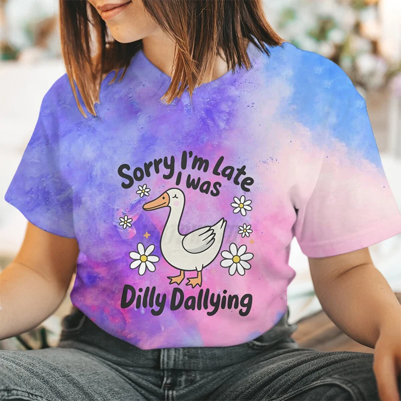Cute Goose Print T Shirt Sorry I'm Late I Was Dilly Dallying Letter T-shirts For Women Summer Soft Short Sleeve O-Neck Tee Shirt
Cute Goose Print T Shirt Sorry I'm Late I Was Dilly Dallying Letter T-shirts For Women Summer Soft Short Sleeve O-Neck Tee Shirt