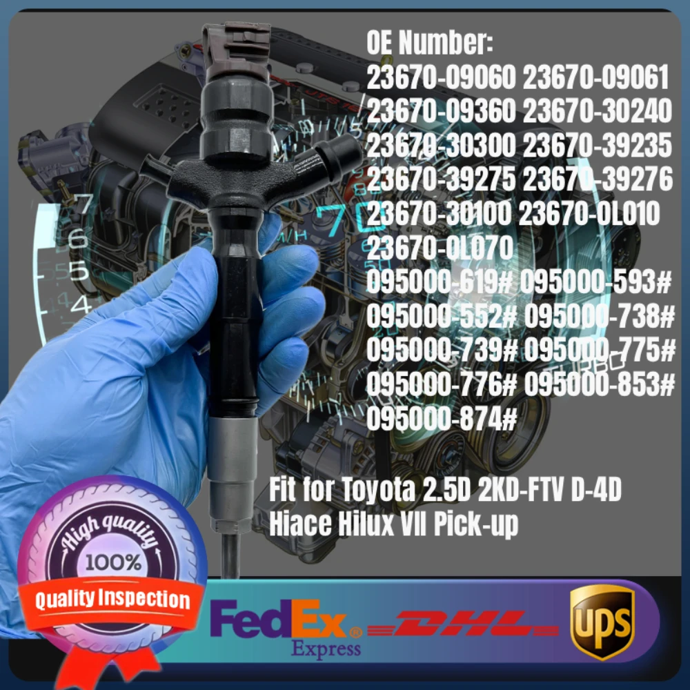 Fuel Injector 23670-30100 23670-30300 295050-0540 095000-619# for Toyota Hiace Hilux VII Pick-up 2.5D 2KD-FTV D-4D Engine
Fuel Injector 23670-30100 23670-30300 295050-0540 095000-619# for Toyota Hiace Hilux VII Pick-up 2.5D 2KD-FTV D-4D Engine