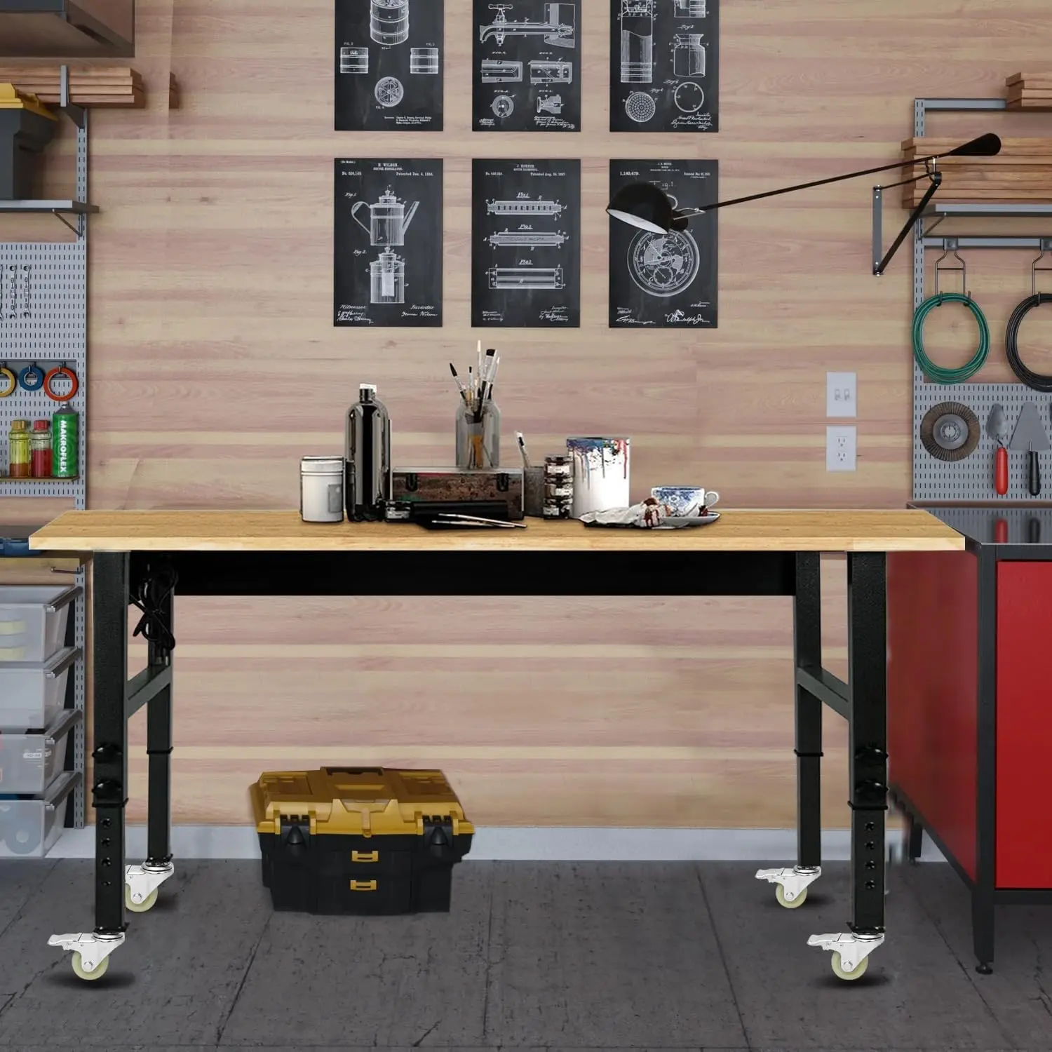 Adjustable Work Bench, Rubber Wood Top Workbench Heavy-Duty Work Table with Power Outlet with Wheels
Adjustable Work Bench, Rubber Wood Top Workbench Heavy-Duty Work Table with Power Outlet with Wheels