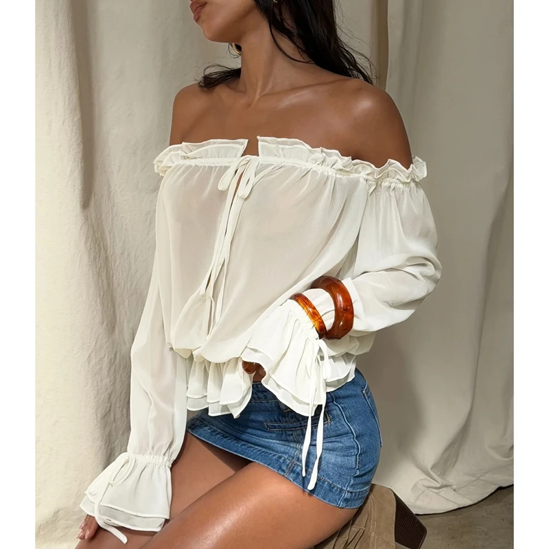 Женская шикарная прозрачная футболка с длинными рукавами и открытыми плечами, топ с завязками спереди, многослойная свободная блузка с рюшами, клубная одежда
Женская шикарная прозрачная футболка с длинными рукавами и открытыми плечами, топ с завязками спереди, многослойная свободная блузка с рюшами, клубная одежда