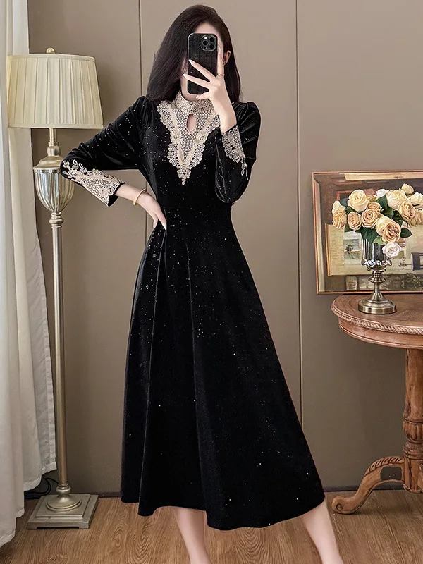 Elegant Long Velvet Dress with Shiny Sequins Slimming A-Line Silhouette Stand Collar Zipper Closure for Women Autumn Winter
Elegant Long Velvet Dress with Shiny Sequins Slimming A-Line Silhouette Stand Collar Zipper Closure for Women Autumn Winter