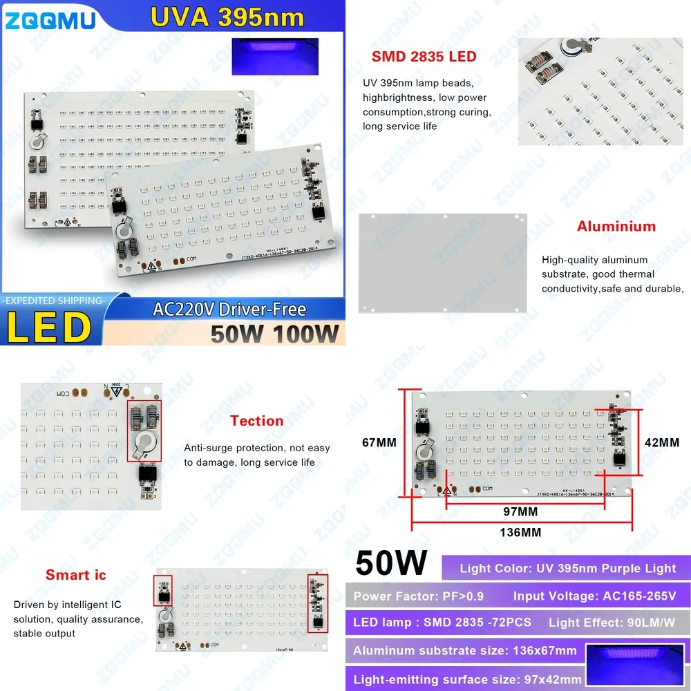 50W 100W UVA UV 395nm LED Purple Light Source Board Driver Free Linear High Voltage UV Lamp Bead for Curing Adhesive Resin Spot
50W 100W UVA UV 395nm LED Purple Light Source Board Driver Free Linear High Voltage UV Lamp Bead for Curing Adhesive Resin Spot