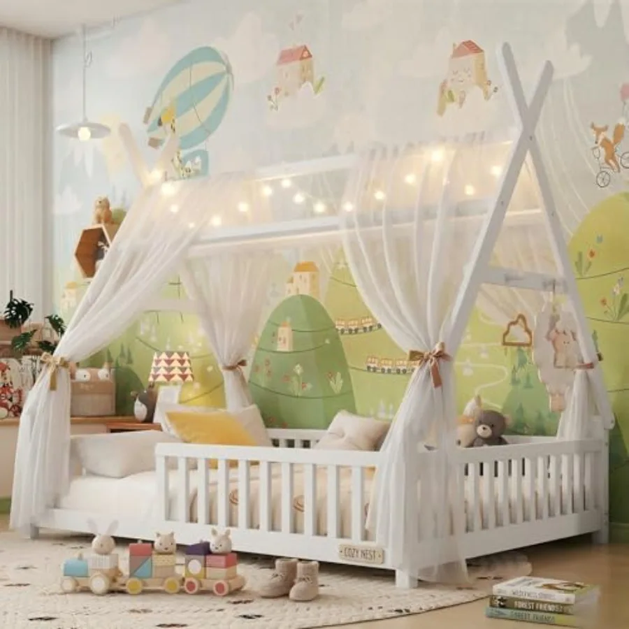 Full Size Montessori Floor Bed for with Rails and LED Light Detachable Wooden Tent Bed with Slats and Hanging Rack White
Full Size Montessori Floor Bed for with Rails and LED Light Detachable Wooden Tent Bed with Slats and Hanging Rack White