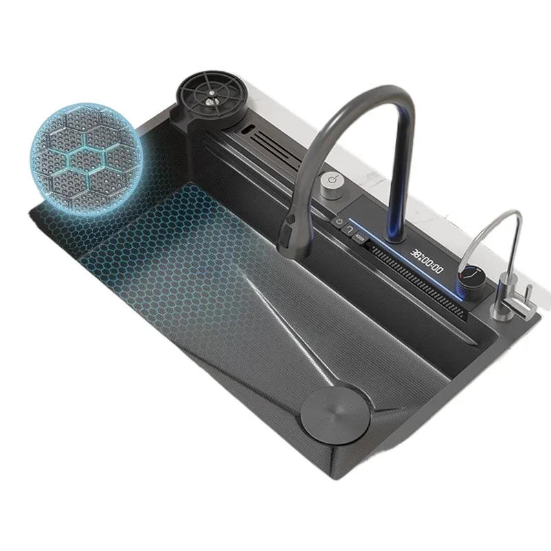 *3 Buttons 304 Stainless Steel Large single slot Nano Honeycomb Digital Display Waterfall Kitchen Sink with Knife Holder
*3 Buttons 304 Stainless Steel Large single slot Nano Honeycomb Digital Display Waterfall Kitchen Sink with Knife Holder