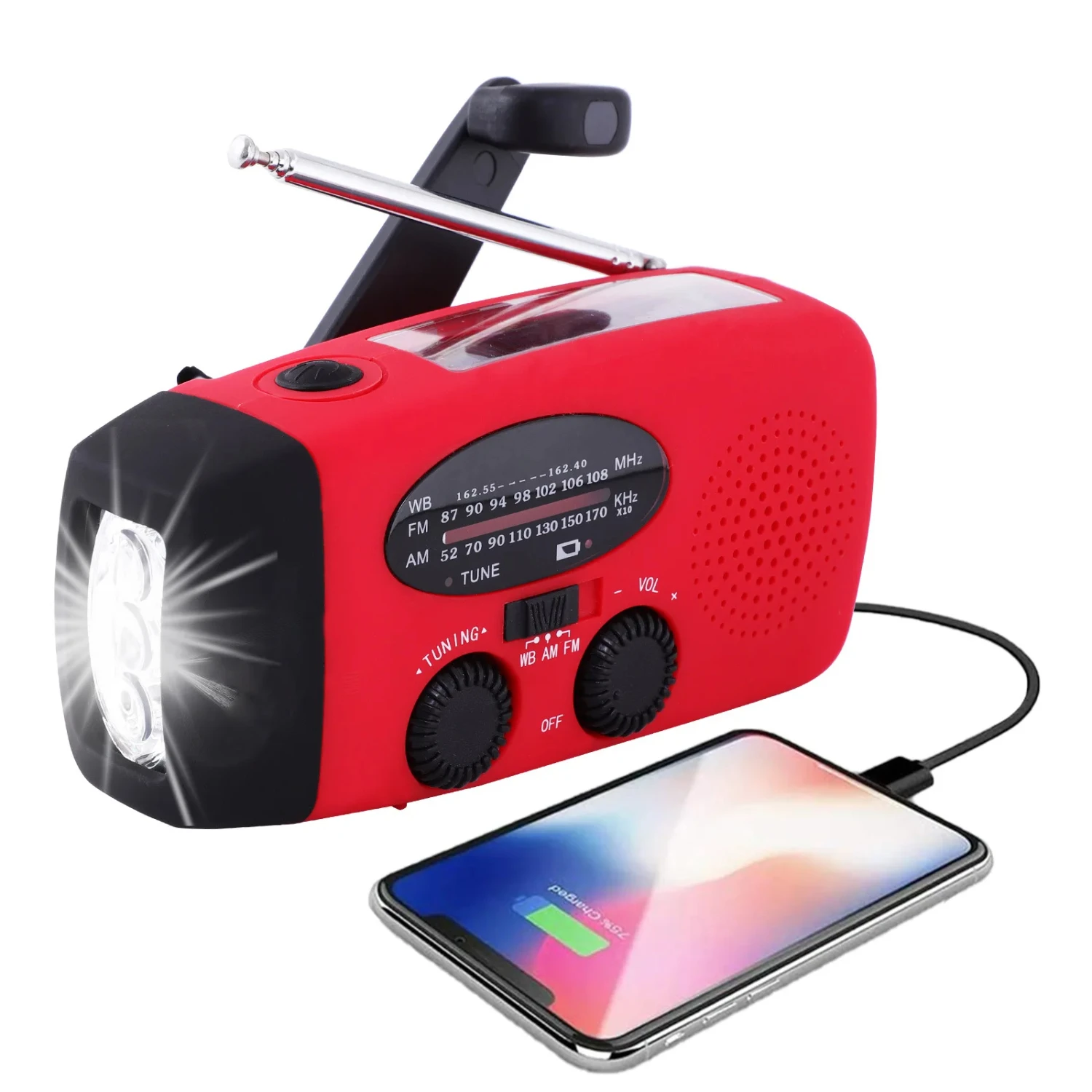 Ручной фонарик на солнечной батарее для кемпинга, с AM/FM-радио, 2000 мАч, USB-зарядка, Многофункциональный ручной фонарик
Ручной фонарик на солнечной батарее для кемпинга, с AM/FM-радио, 2000 мАч, USB-зарядка, Многофункциональный ручной фонарик