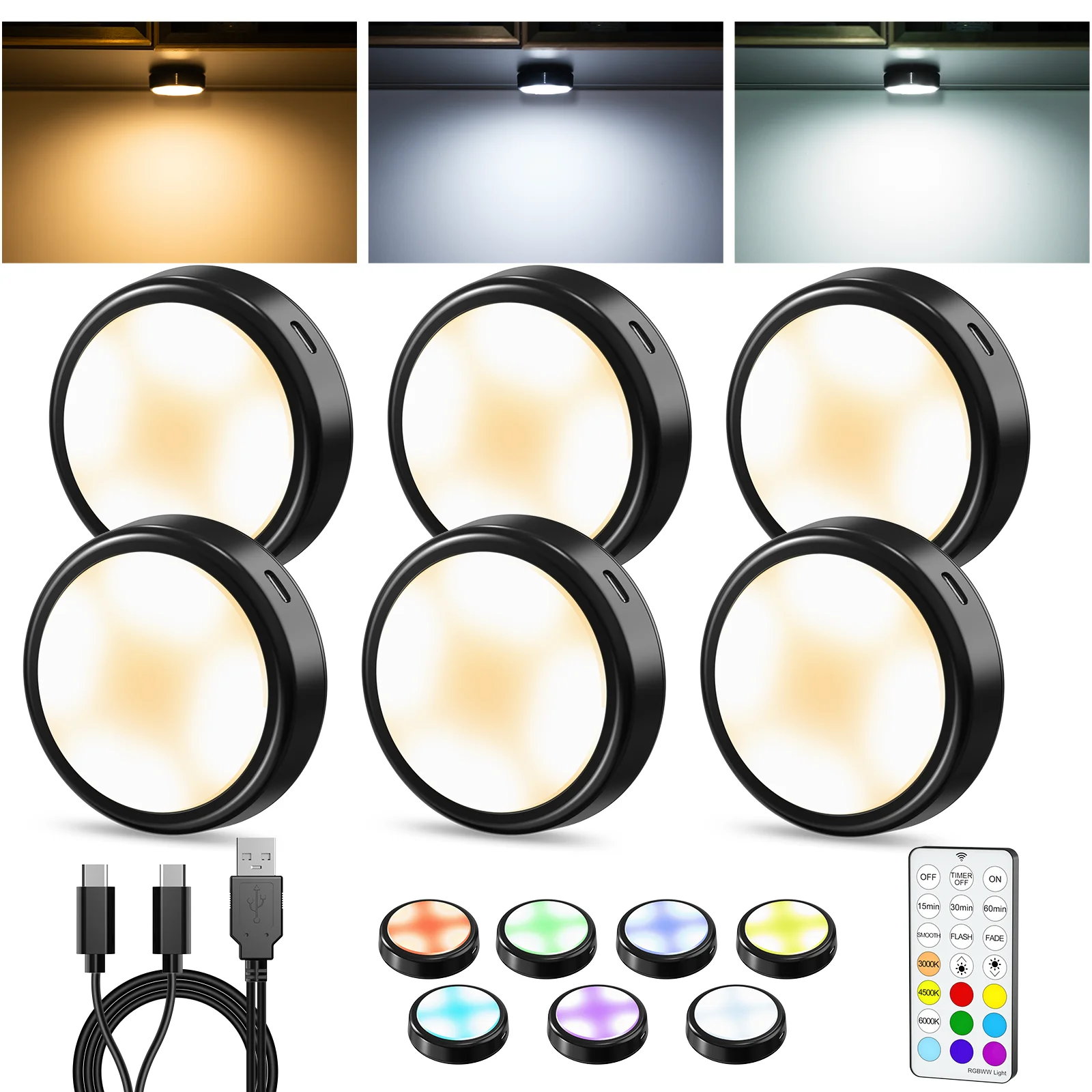 3-6Pcs Black RGB+ CCT Round LED Under Cabinet Closet Light Furniture Dimmable Wardrobe Showcase Book Desk Lamp Remote Control
3-6Pcs Black RGB+ CCT Round LED Under Cabinet Closet Light Furniture Dimmable Wardrobe Showcase Book Desk Lamp Remote Control