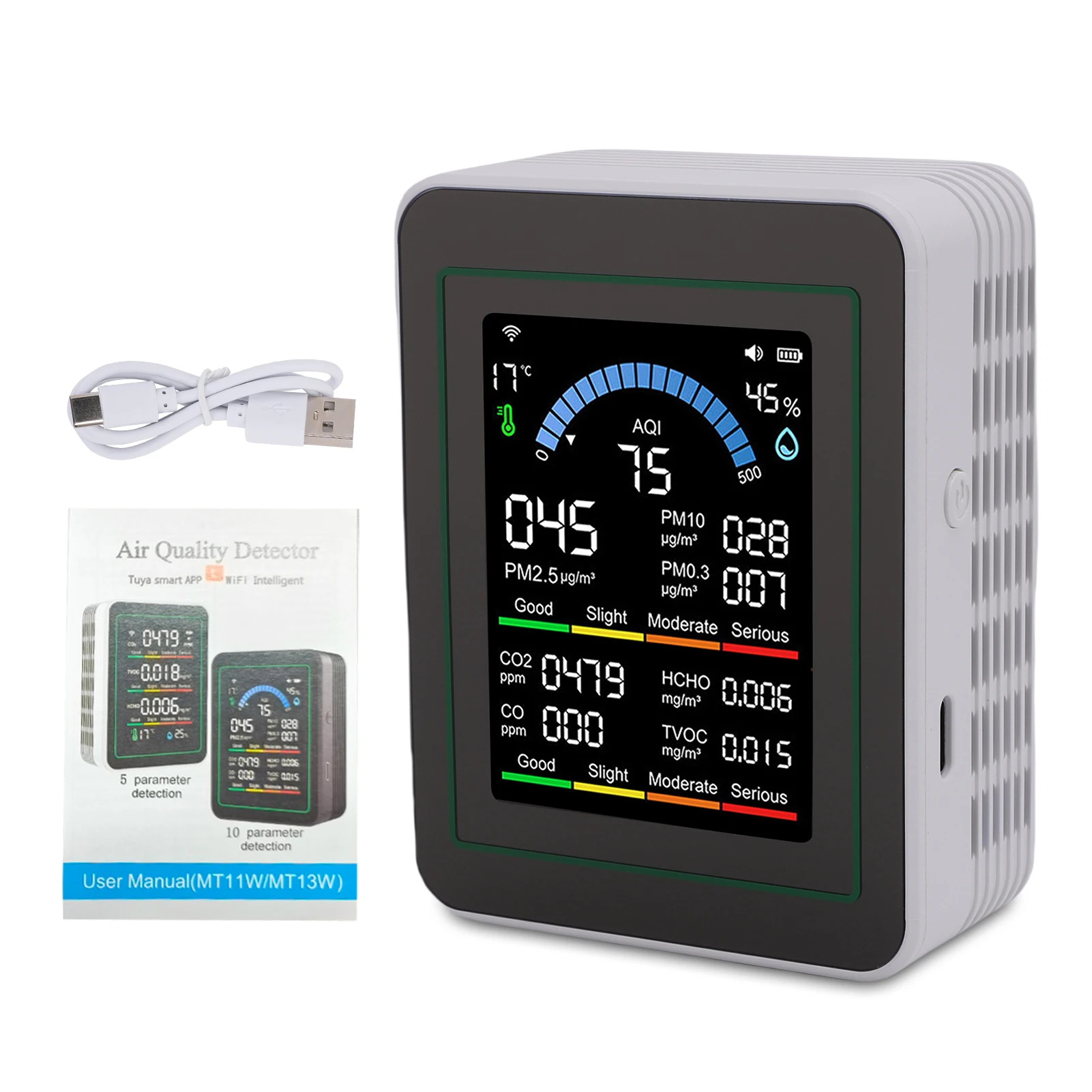 10-in-1 Quality Monitor, Color LCD Screen Indoor PM0.3/PM2.5/PM10/CO/CO2/HCHO/TVOC/Temp/Humidity Detector Fit for Smart
10-in-1 Quality Monitor, Color LCD Screen Indoor PM0.3/PM2.5/PM10/CO/CO2/HCHO/TVOC/Temp/Humidity Detector Fit for Smart
