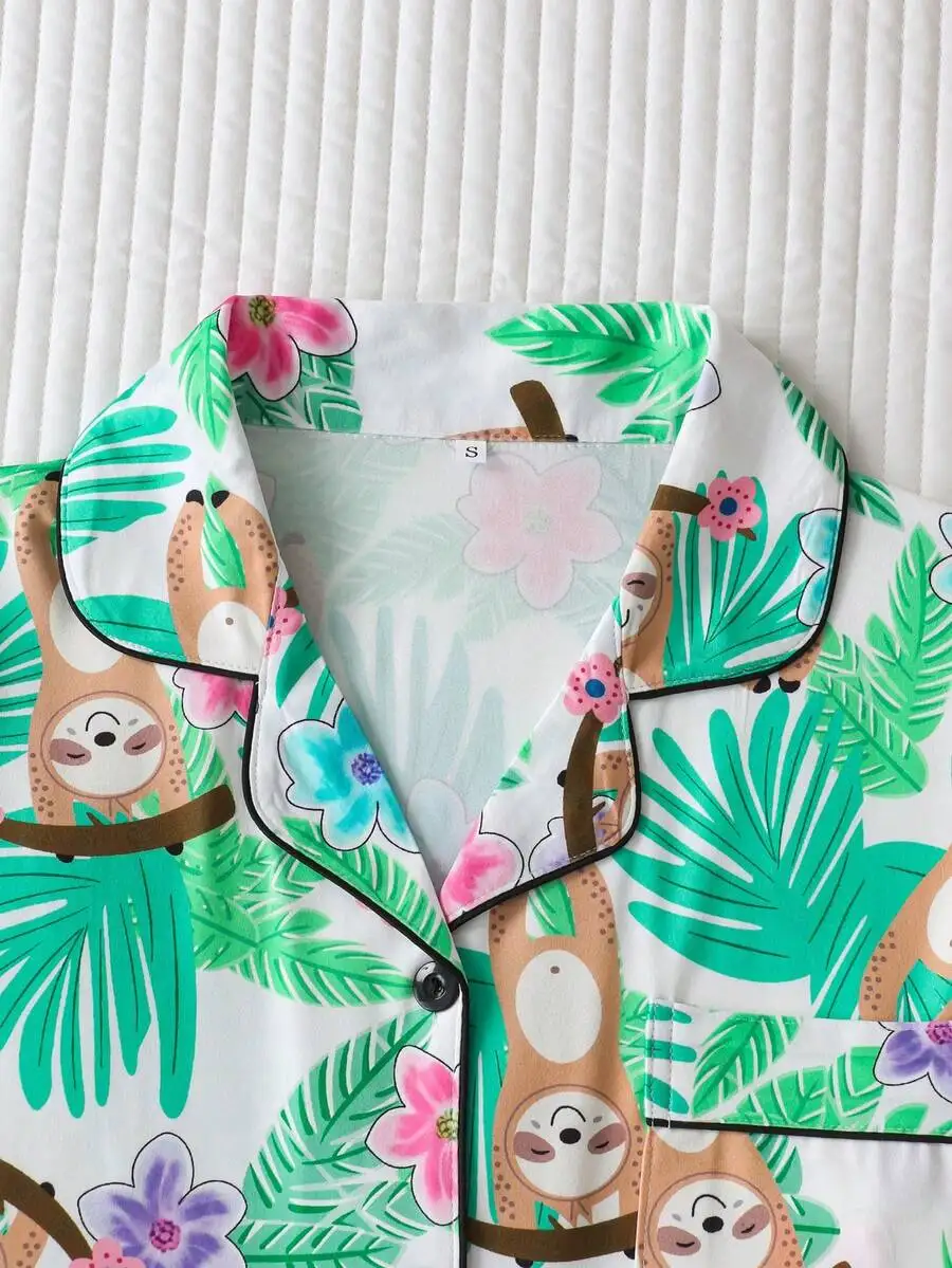 2pcs Sloth Print Women Pajama Set Lapel Button Short Sleeve Top Elastic Waist Shorts Sleepwear
2pcs Sloth Print Women Pajama Set Lapel Button Short Sleeve Top Elastic Waist Shorts Sleepwear