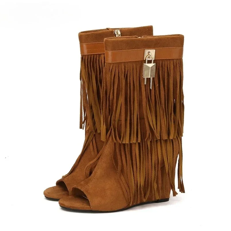 Women's Faux Suede Double Layer Fringe Tassel Lock Charm Peep Toe Back Zipper Wedge Heel Mid-Calf Boots,Casual Footwear,Drop Shi
Women's Faux Suede Double Layer Fringe Tassel Lock Charm Peep Toe Back Zipper Wedge Heel Mid-Calf Boots,Casual Footwear,Drop Shi