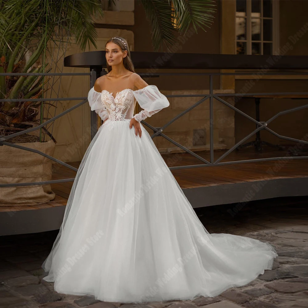 Off Shoulder A-Line Women Wedding Dresses Customized Elegant Lace Sleeves Bridal Gowns Party Shining Decals Embellishments Robes
Off Shoulder A-Line Women Wedding Dresses Customized Elegant Lace Sleeves Bridal Gowns Party Shining Decals Embellishments Robes