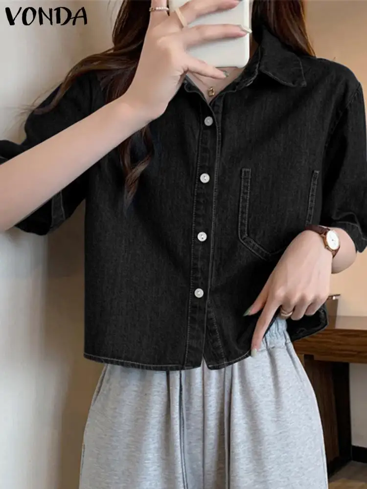 VONDA Women Shirts Fashion Tops Short Sleeve Lapel Solid Color Denim Blouse 2023 Summer Casual Blouse Casual Loose Street Blusas
VONDA Women Shirts Fashion Tops Short Sleeve Lapel Solid Color Denim Blouse 2023 Summer Casual Blouse Casual Loose Street Blusas