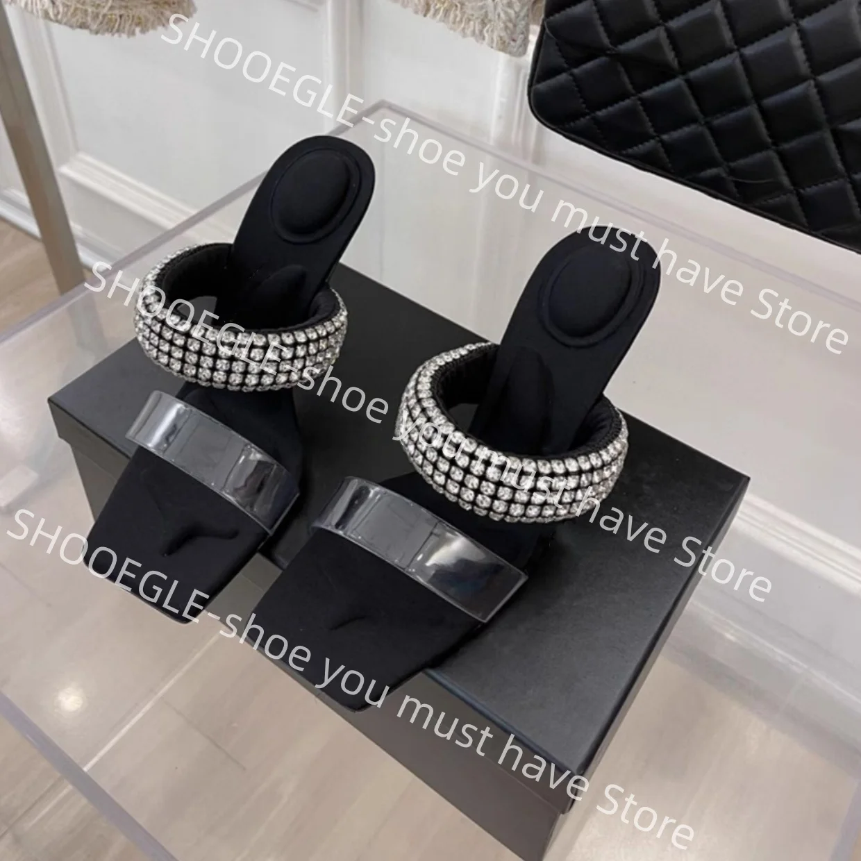 Women's Black Satin Clear PVC Square-Toe Stiletto Heel Mules Rhinestone Strap Slip-On Design Classic Party Lady Wedding Slippers
Women's Black Satin Clear PVC Square-Toe Stiletto Heel Mules Rhinestone Strap Slip-On Design Classic Party Lady Wedding Slippers