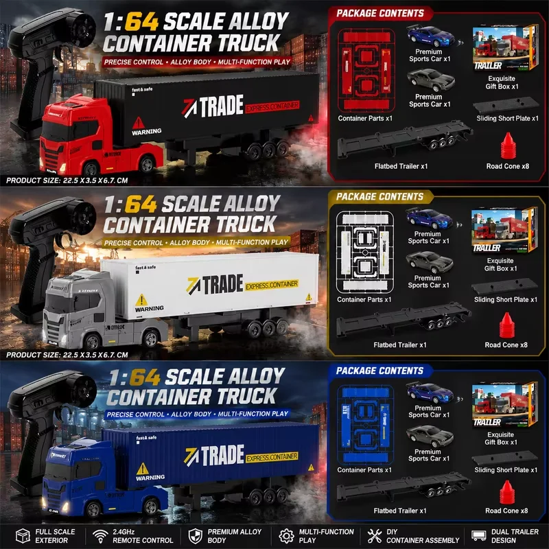 1:64 RC Trailer Truck Combo Set with Container + Flatbed DIY, Includes 2 Mini Cars, Fun Gift for Kids Adults, Full Play RC Toy
1:64 RC Trailer Truck Combo Set with Container + Flatbed DIY, Includes 2 Mini Cars, Fun Gift for Kids Adults, Full Play RC Toy