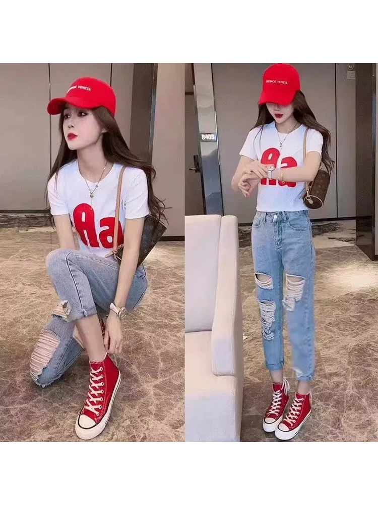 Футболка Slim Fit ort Sve, женская летняя новинка Sle Base irt с принтом, топ, модные джинсовые джинсы с дырками, повседневный комплект Faion
Футболка Slim Fit ort Sve, женская летняя новинка Sle Base irt с принтом, топ, модные джинсовые джинсы с дырками, повседневный комплект Faion