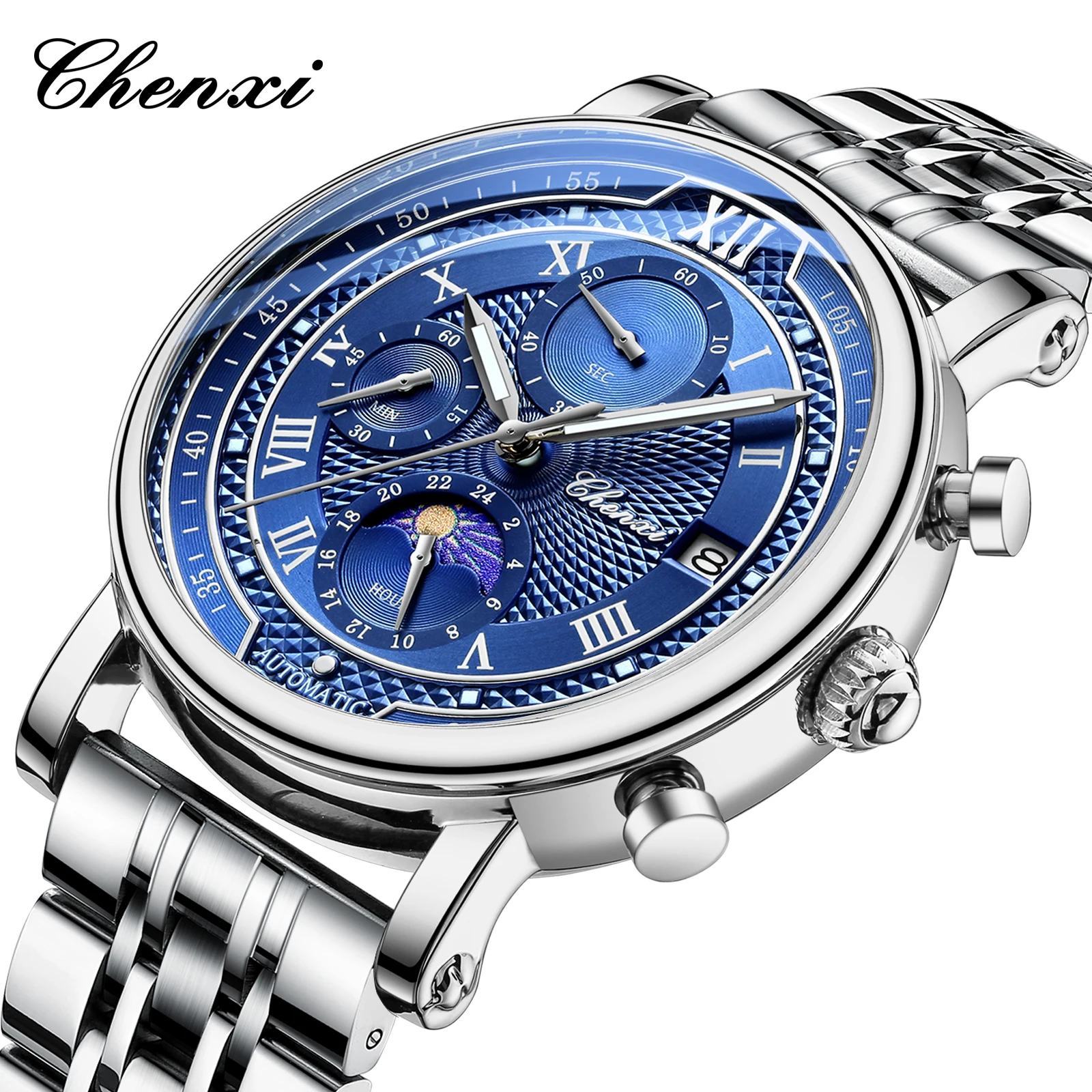 Chenxi 976S 2025 New Luxury Stainless Steel Silver Watch Multi-function Chronograph Moon Phase Watches For Men Waterproof Clock
Chenxi 976S 2025 New Luxury Stainless Steel Silver Watch Multi-function Chronograph Moon Phase Watches For Men Waterproof Clock