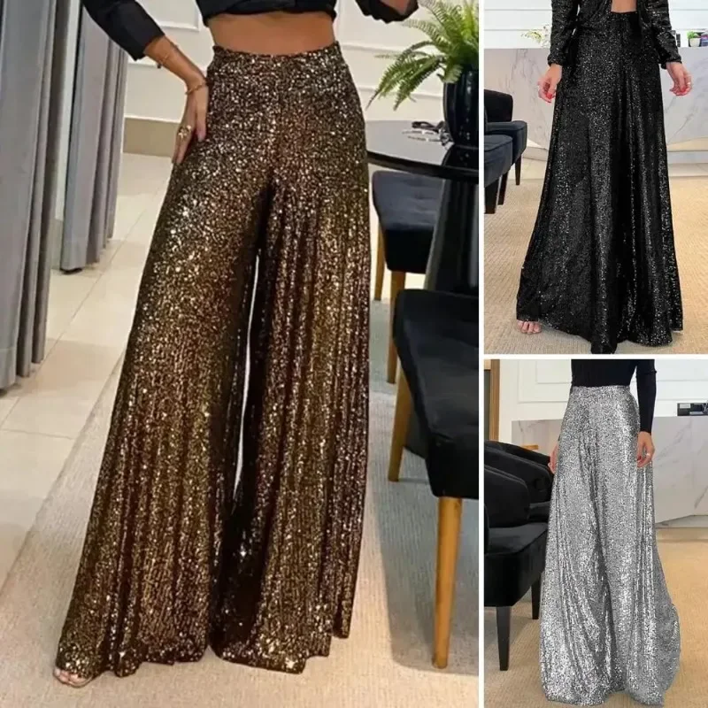High Waisted Elastic Waistband Straight Leg Full-length Solid Color Women's Pants Club Night Sequin Loose Wide Leg Pants OFE05
High Waisted Elastic Waistband Straight Leg Full-length Solid Color Women's Pants Club Night Sequin Loose Wide Leg Pants OFE05