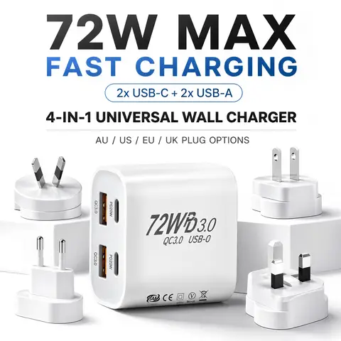 Wieloportowa ładowarka USB-C/USB-A do telefonów komórkowych z wtyczką ścienną EU/UK/US/AU, 72W podwójny adapter szybkiego ładowania PD do iPhone'a i Xiaomi. 