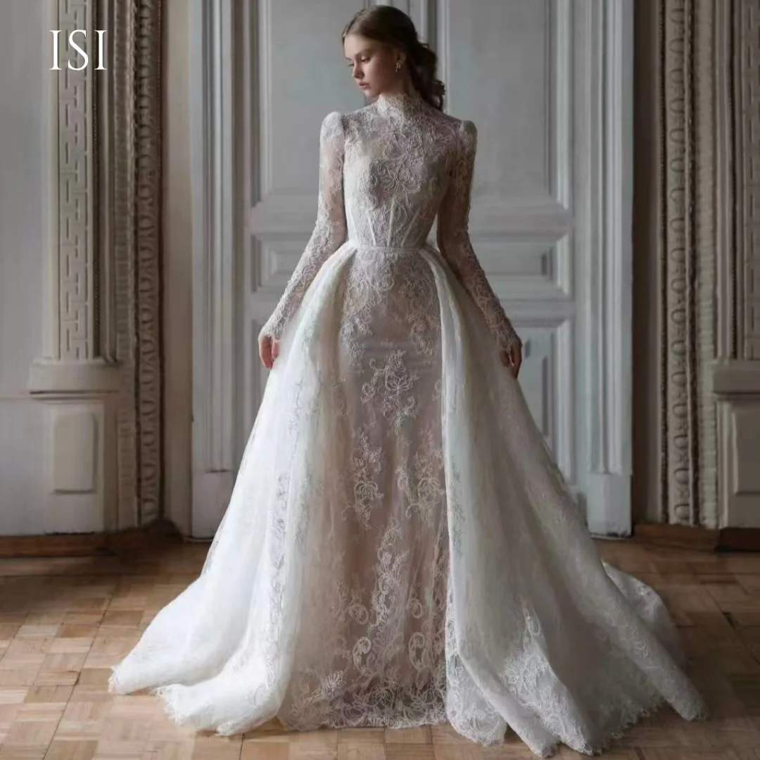 ISI Customized Luxury Floral Lace Wedding Dress High Neck Full Sleeves Deatchable Train Mermaid Bridal Gown Vestido De Novia
ISI Customized Luxury Floral Lace Wedding Dress High Neck Full Sleeves Deatchable Train Mermaid Bridal Gown Vestido De Novia