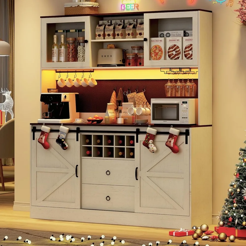 74" Tall 63" Wide Large Coffee Bar Cabinet w/ Outlet,6000-color LED Light,Pegboard,Farmhouse Hutch Cabinet w/Barn Door,
74" Tall 63" Wide Large Coffee Bar Cabinet w/ Outlet,6000-color LED Light,Pegboard,Farmhouse Hutch Cabinet w/Barn Door,