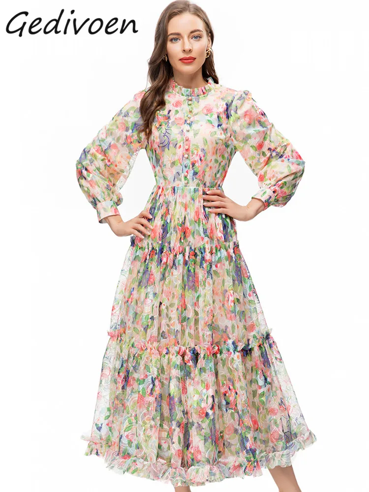 Gedivoen Summer Fashion Designer Vintage Print Mesh Dress Women's O Neck Long Sleeve Button High Waist Slim Ruffles Long Dress
Gedivoen Summer Fashion Designer Vintage Print Mesh Dress Women's O Neck Long Sleeve Button High Waist Slim Ruffles Long Dress