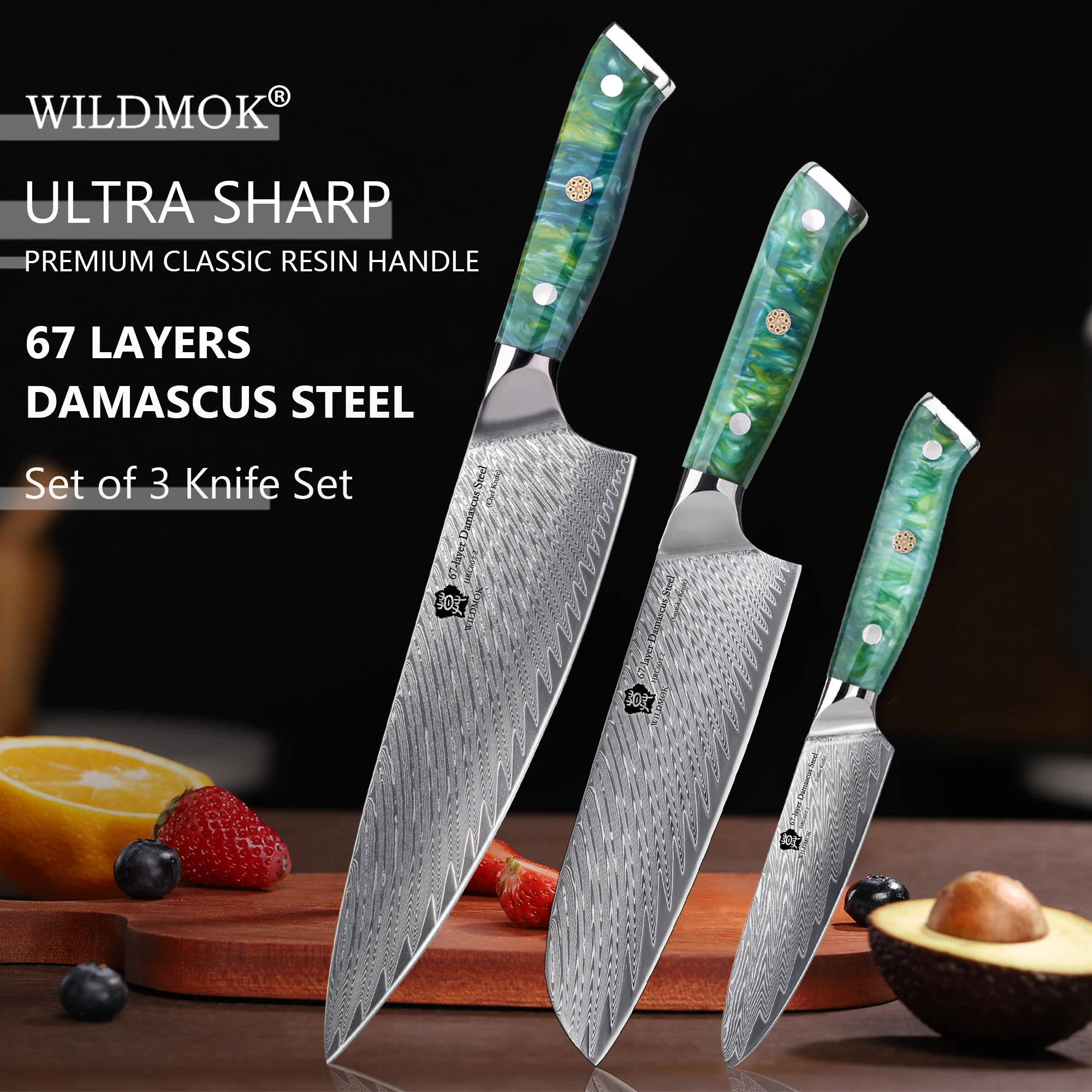 WILDMOK Set of 3 Damascus Knife Set, Japanese Damascus VG10 Steel Core, Professional Chef Knife Set and Full Tang Resin Handle
WILDMOK Set of 3 Damascus Knife Set, Japanese Damascus VG10 Steel Core, Professional Chef Knife Set and Full Tang Resin Handle