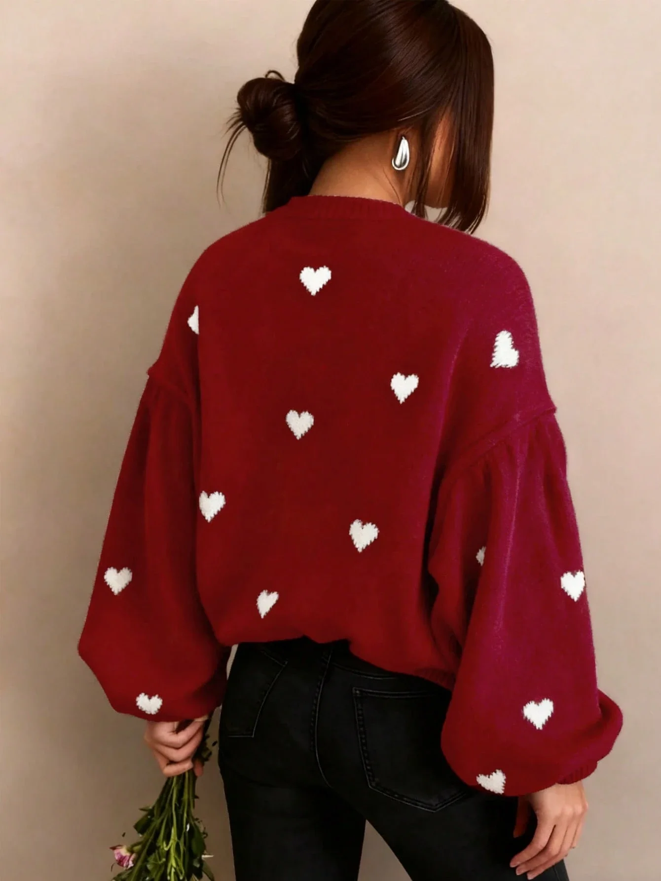 Women's Red Heart Pattern Loose Knit Sweater With Round Neck Long Sleeves Casual Autumn Winter
Women's Red Heart Pattern Loose Knit Sweater With Round Neck Long Sleeves Casual Autumn Winter