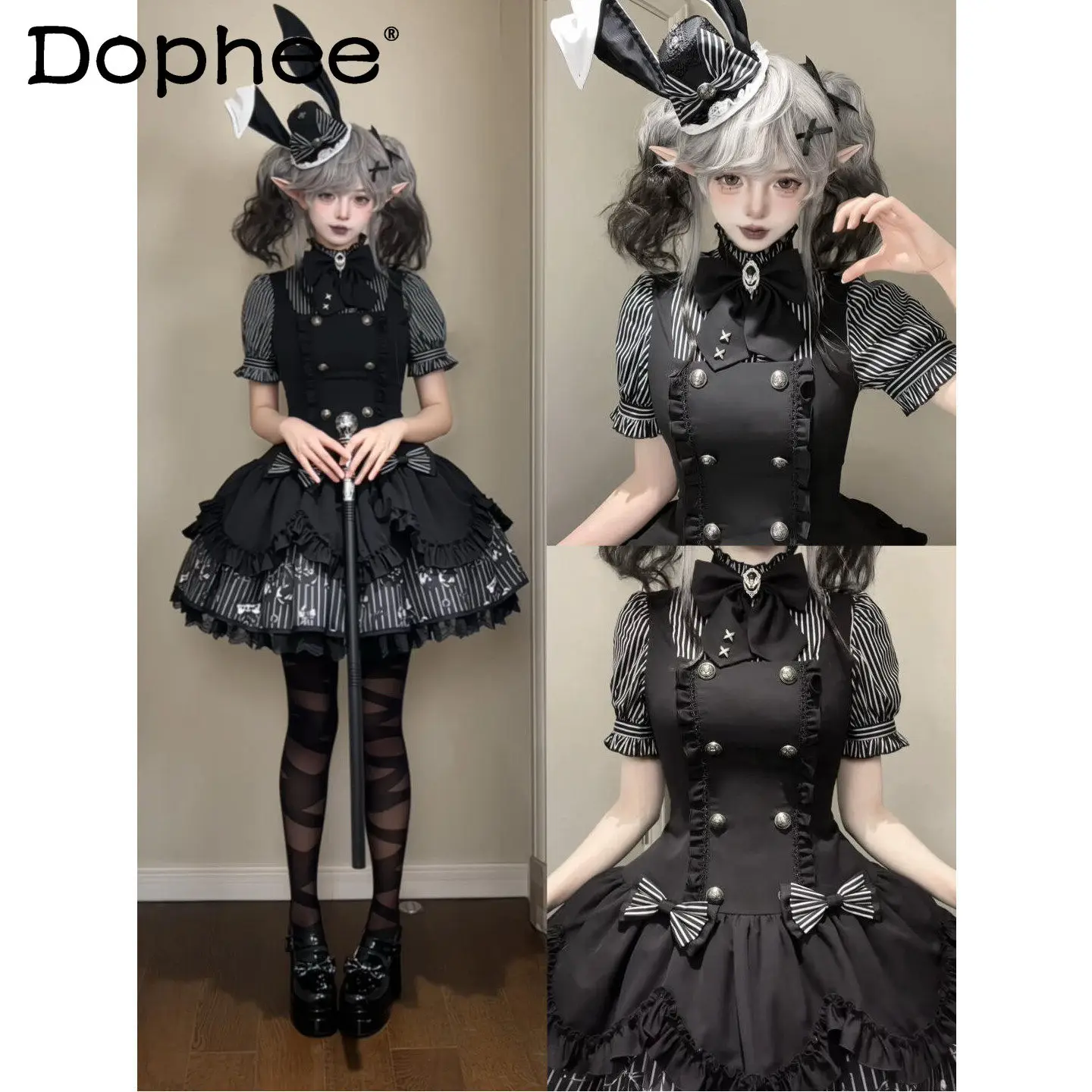 Dark Loli Girl Goth Striped Bubble Sleeve Strap Skirt Set Japanese Original Lolita Dress Bow Waist Thin Two-piece Set
Dark Loli Girl Goth Striped Bubble Sleeve Strap Skirt Set Japanese Original Lolita Dress Bow Waist Thin Two-piece Set