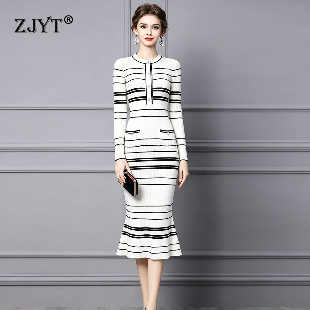 ZJYT Spring Autumn Mermaid Knit Sweater Dress Striped Elegant Long Sleeve Slim Fit Party Dresses Female Vestidos Pink White
ZJYT Spring Autumn Mermaid Knit Sweater Dress Striped Elegant Long Sleeve Slim Fit Party Dresses Female Vestidos Pink White