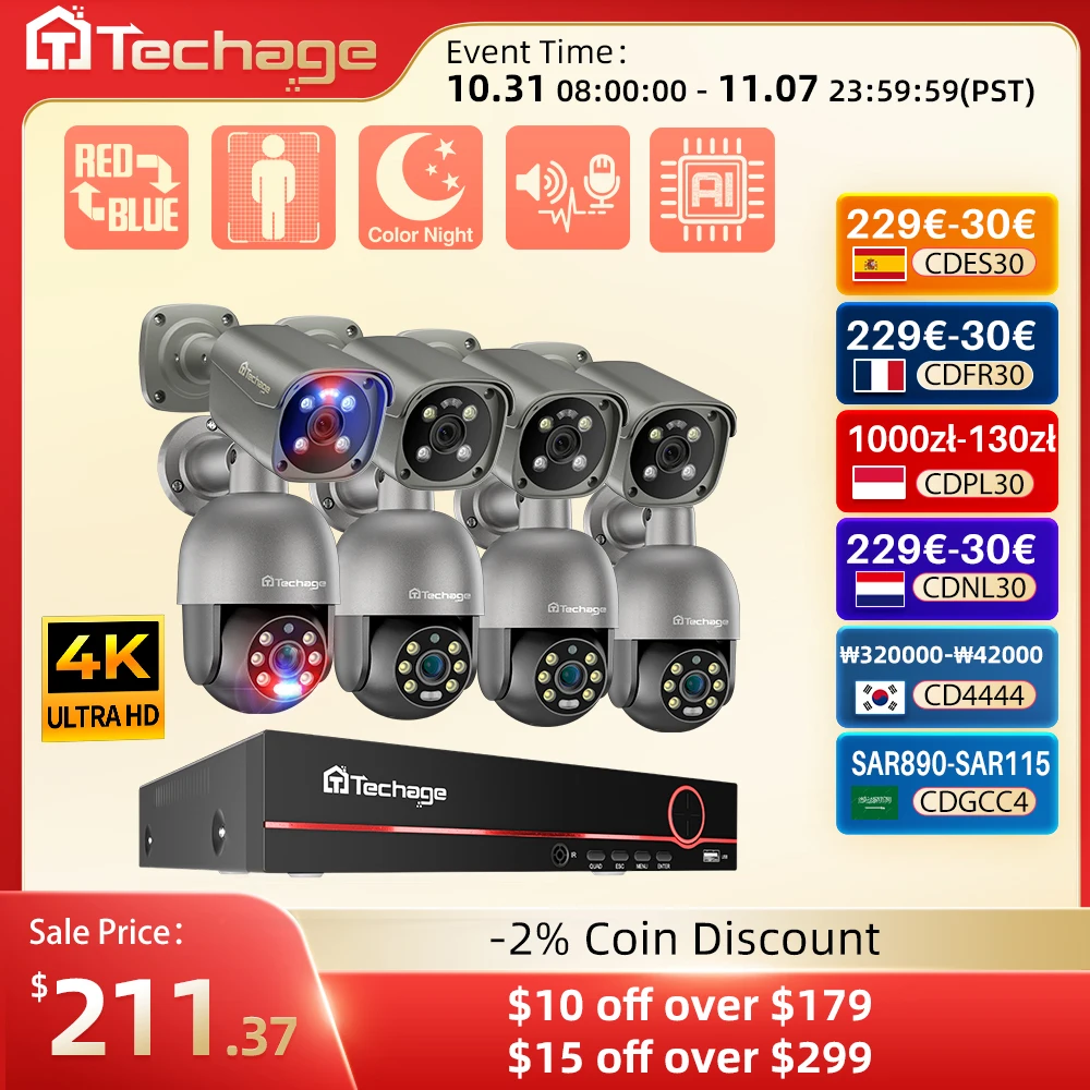 Techage H.265 8CH Ultra HD 4K POE NVR Set Two-way Audio Smart AI Human Detected 8MP CCTV Video Outdoor Security IP Camera System
Techage H.265 8CH Ultra HD 4K POE NVR Set Two-way Audio Smart AI Human Detected 8MP CCTV Video Outdoor Security IP Camera System