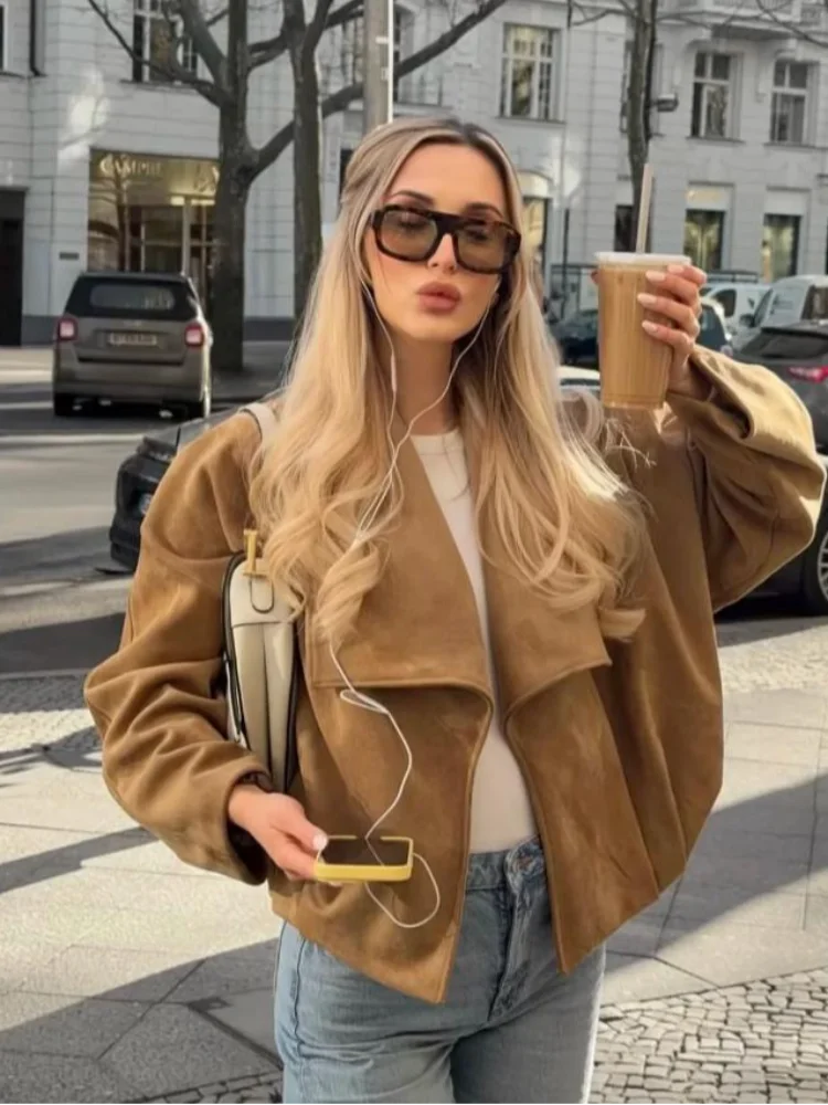 Camel Brown Faux Suede Cropped Women Jacket Lapel Open Front Loose Long Sleeve Coat Casual Fashion Streetwear Outerwear 2026 New
Camel Brown Faux Suede Cropped Women Jacket Lapel Open Front Loose Long Sleeve Coat Casual Fashion Streetwear Outerwear 2026 New
