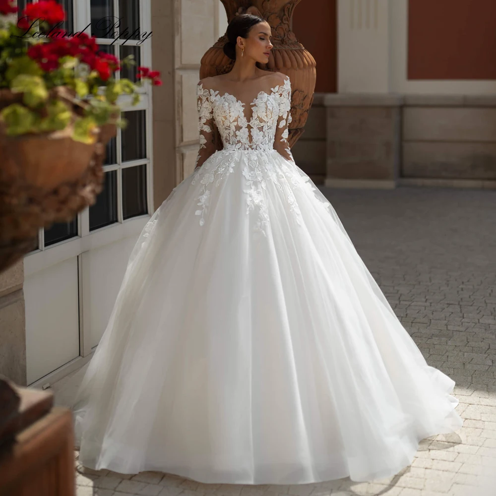 Lceland Poppy Customized A Line Illusion Lace Wedding Dresses Beaded Full Sleeveles Bridal Gowns with Court Train
Lceland Poppy Customized A Line Illusion Lace Wedding Dresses Beaded Full Sleeveles Bridal Gowns with Court Train