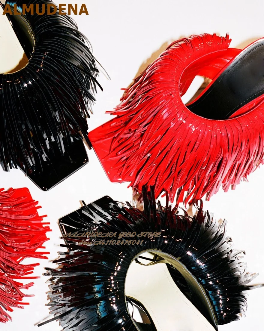 ALMUDENA Red Black Fringe Square Toe High Heel Mules Sexy Slip-On Outside Modern Slippers Tassel Embellished Dress Sandals
ALMUDENA Red Black Fringe Square Toe High Heel Mules Sexy Slip-On Outside Modern Slippers Tassel Embellished Dress Sandals