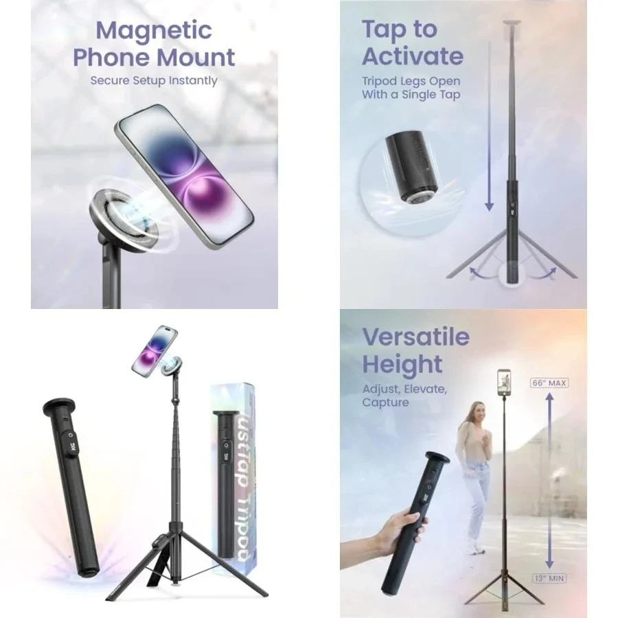 Magnetic Phone Tripod for iPhone MagSafe – 66'' Automatic Selfie Stick with Remote, Portable Tripod Stand for Video Recording, Travel, Vlogging (Black)
Magnetic Phone Tripod for iPhone MagSafe – 66'' Automatic Selfie Stick with Remote, Portable Tripod Stand for Video Recording, Travel, Vlogging (Black)
