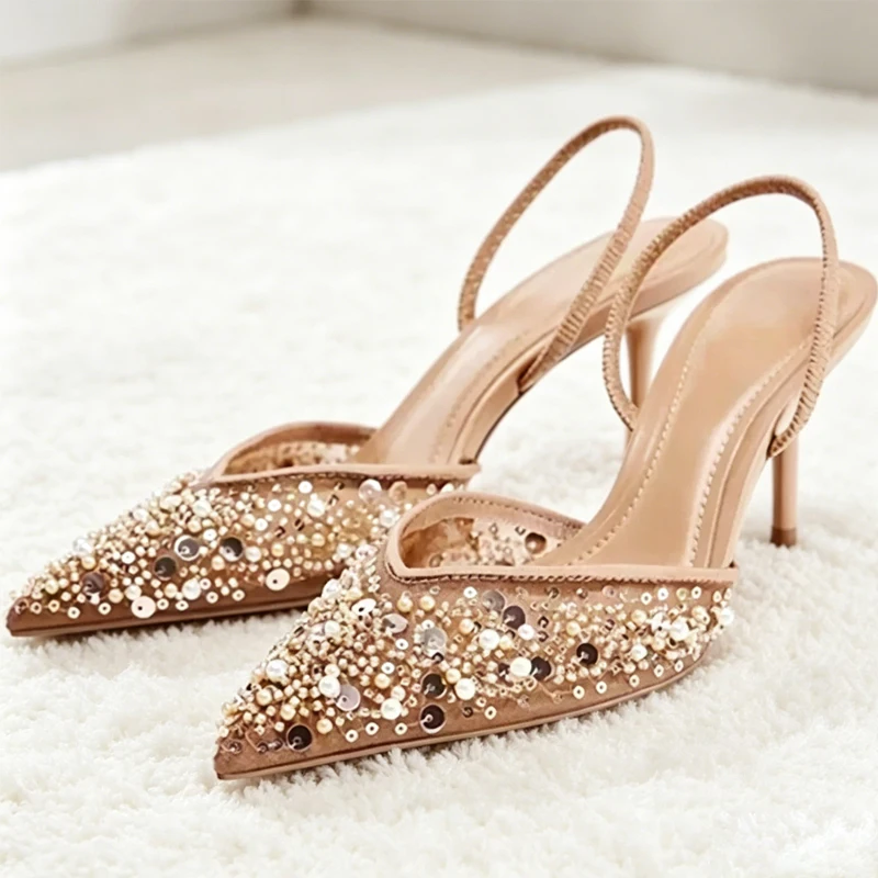 Fashion High Heeled Formal Party Shoes for Lady Luxury Sequin Pearl Stiletto Elengat Mesh Slingbacks Women Modern Sandals
Fashion High Heeled Formal Party Shoes for Lady Luxury Sequin Pearl Stiletto Elengat Mesh Slingbacks Women Modern Sandals