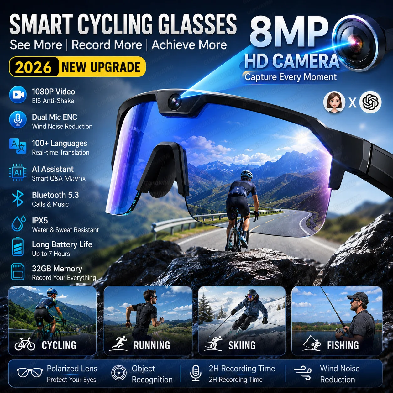 2026 New Cycling Sport Smart Glasses 800W Pixel HD Anti-shake Camera Photo&Video AI Translation EIS CharGPT UV Protection Glasse
2026 New Cycling Sport Smart Glasses 800W Pixel HD Anti-shake Camera Photo&Video AI Translation EIS CharGPT UV Protection Glasse
