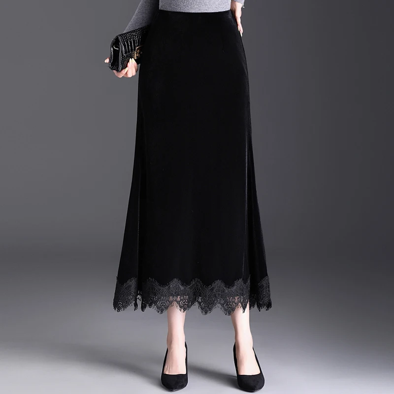 Ele High Waist A-Line Long Skirt Women's Velvet Fi Tail Skirt Bla Slimming Lace Trim f Body Skirt Autumn Faion
Ele High Waist A-Line Long Skirt Women's Velvet Fi Tail Skirt Bla Slimming Lace Trim f Body Skirt Autumn Faion