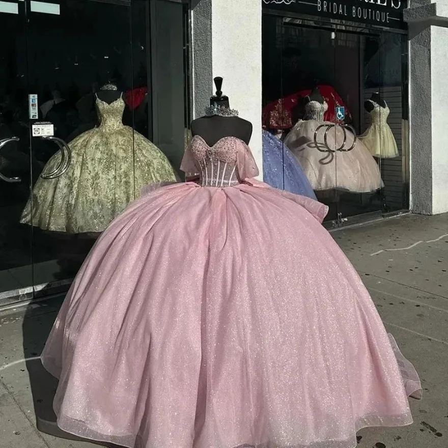 Pink Shiny Quinceanera Dresses Ball Gown Off Shoulder Sweet 16 Dress Beads Crystal Celebrity Party Gowns Graduation Vestidos De
Pink Shiny Quinceanera Dresses Ball Gown Off Shoulder Sweet 16 Dress Beads Crystal Celebrity Party Gowns Graduation Vestidos De