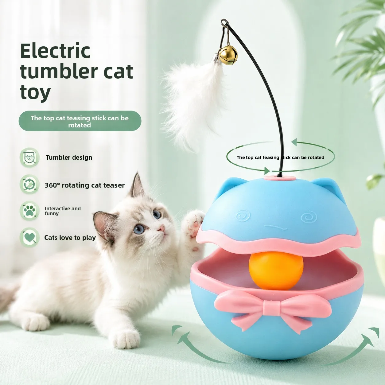 Electric Tumbler Cat Toy, 360° Automatic Rolling Feather Toy for Indoor Cats, Rechargeable Interactive Kitten Teaser with Bell
Electric Tumbler Cat Toy, 360° Automatic Rolling Feather Toy for Indoor Cats, Rechargeable Interactive Kitten Teaser with Bell