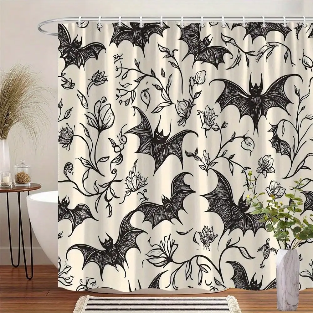 1pc Gothic Bats & Flowers Shower Curtain - Black Bats With Intricate Details, Delicate Flowers On Cream Background, Vintage Mystical Style Bathroom Decor, Washable Polyester, 70.86x70.86in, 12 Hooks Included, Aesthetic Room Deco
1pc Gothic Bats & Flowers Shower Curtain - Black Bats With Intricate Details, Delicate Flowers On Cream Background, Vintage Mystical Style Bathroom Decor, Washable Polyester, 70.86x70.86in, 12 Hooks Included, Aesthetic Room Deco