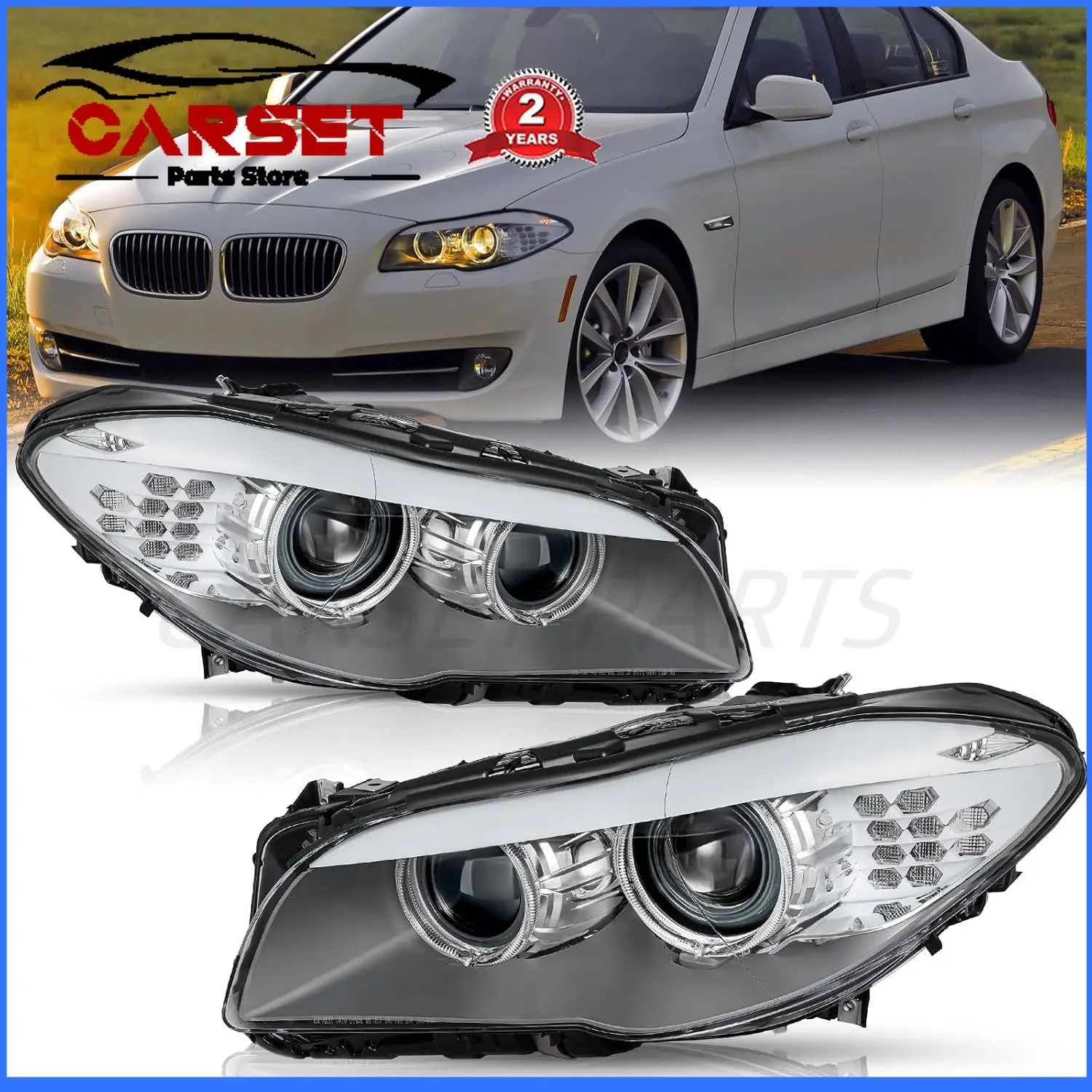 Комплект из 2 фар HID/ксеноновых (без AFS) для BMW 5 серии F10 F18 550i 535i 528i M5 2011-2013 годов с LED DRL
Комплект из 2 фар HID/ксеноновых (без AFS) для BMW 5 серии F10 F18 550i 535i 528i M5 2011-2013 годов с LED DRL