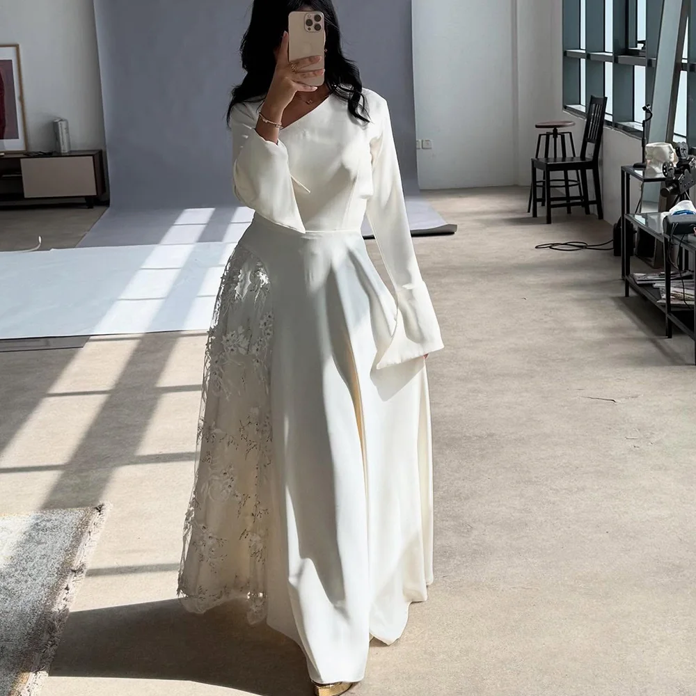 Customized White A-Line Prom Dresses Floor-length V-Neck Full Sleeve Evening Gown Fashion Lace Flowers Simple Draped Party Gown
Customized White A-Line Prom Dresses Floor-length V-Neck Full Sleeve Evening Gown Fashion Lace Flowers Simple Draped Party Gown
