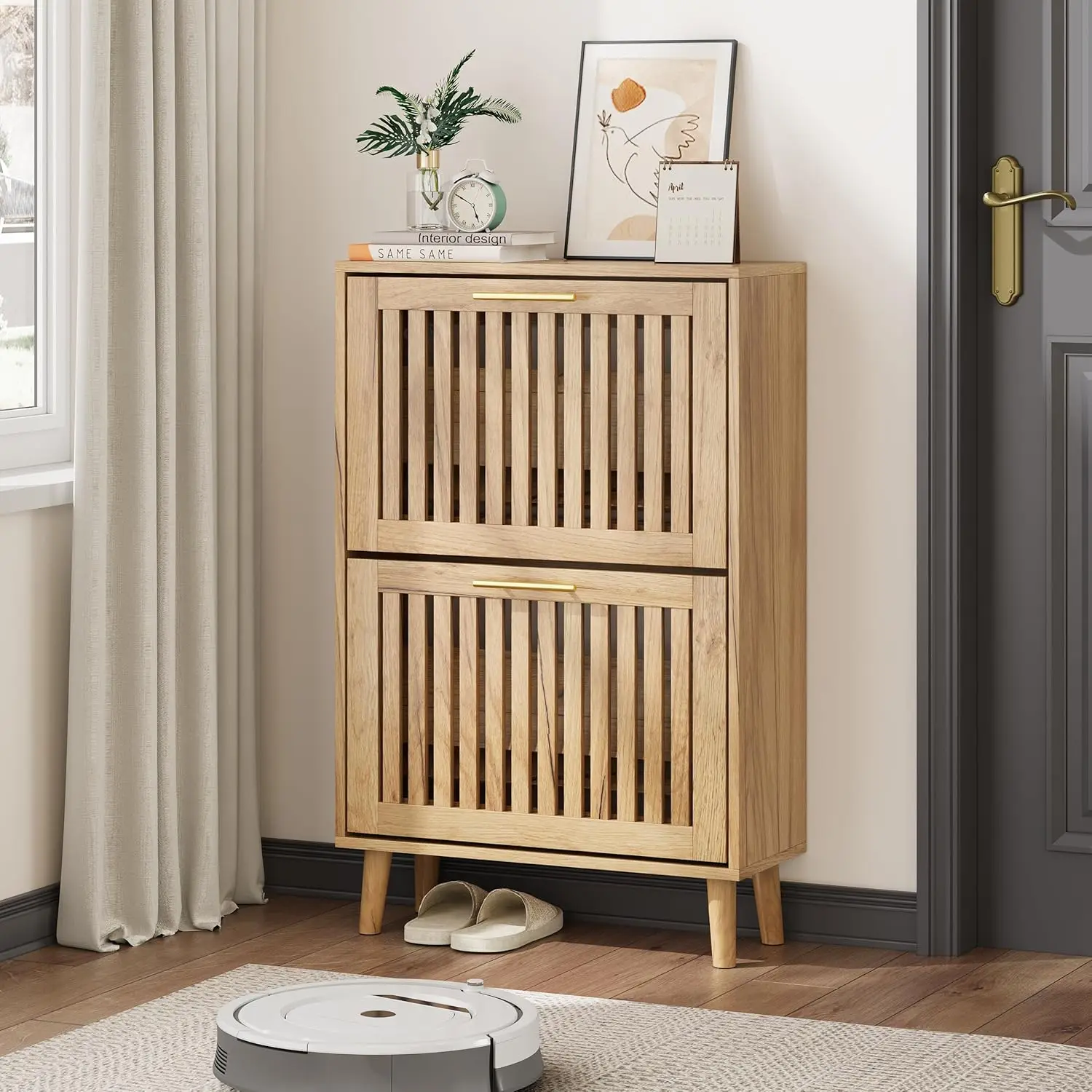 2-Drawer Louvered Shoe Cabinet Slim Entryway Organizer 23.5in Natural Wood,Customized
2-Drawer Louvered Shoe Cabinet Slim Entryway Organizer 23.5in Natural Wood,Customized