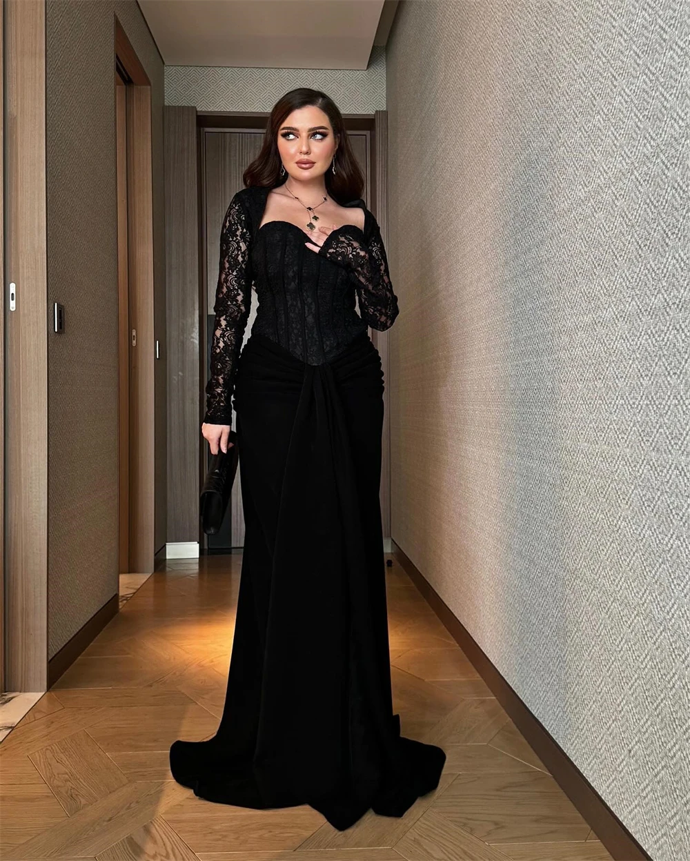 Customized Graceful Black Jersey Evening Dress Temperament Lace Draped Sweetheart Long Sleeves Sweep Train Vestido De Noche
Customized Graceful Black Jersey Evening Dress Temperament Lace Draped Sweetheart Long Sleeves Sweep Train Vestido De Noche
