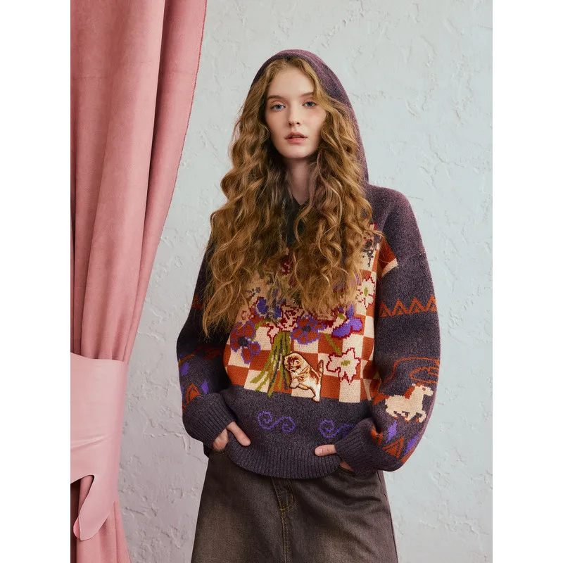 Fangfei Retro Floral Print Loose Hooded Sweater for Women
Fangfei Retro Floral Print Loose Hooded Sweater for Women