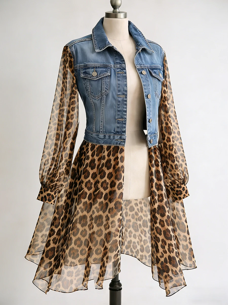 Tulle Leopard Splicing Women Denim Coat Turndown Collar See-Through Long Sleeve Slim Fit Top Elegant Single-breasted Jackets
Tulle Leopard Splicing Women Denim Coat Turndown Collar See-Through Long Sleeve Slim Fit Top Elegant Single-breasted Jackets
